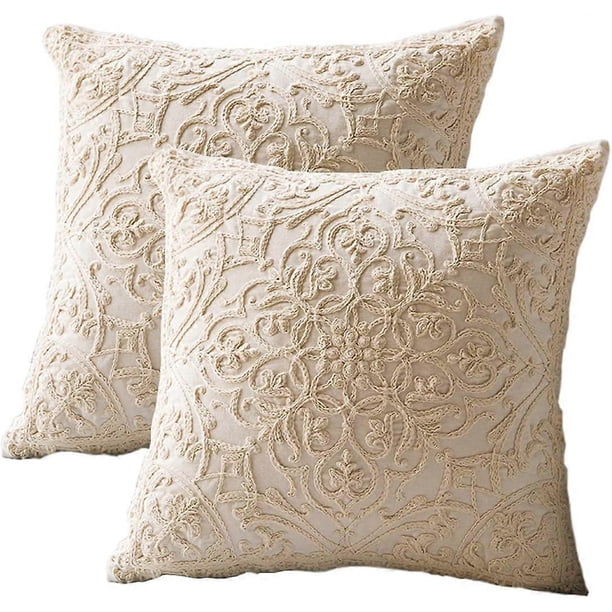 Set of 2 Cotton Linen Embroidery Decorative Throw Pillow Cover Pillowcase for Couch Bedroom Geometric Pattern Cushion Cover 18 x 18 Inches Beige