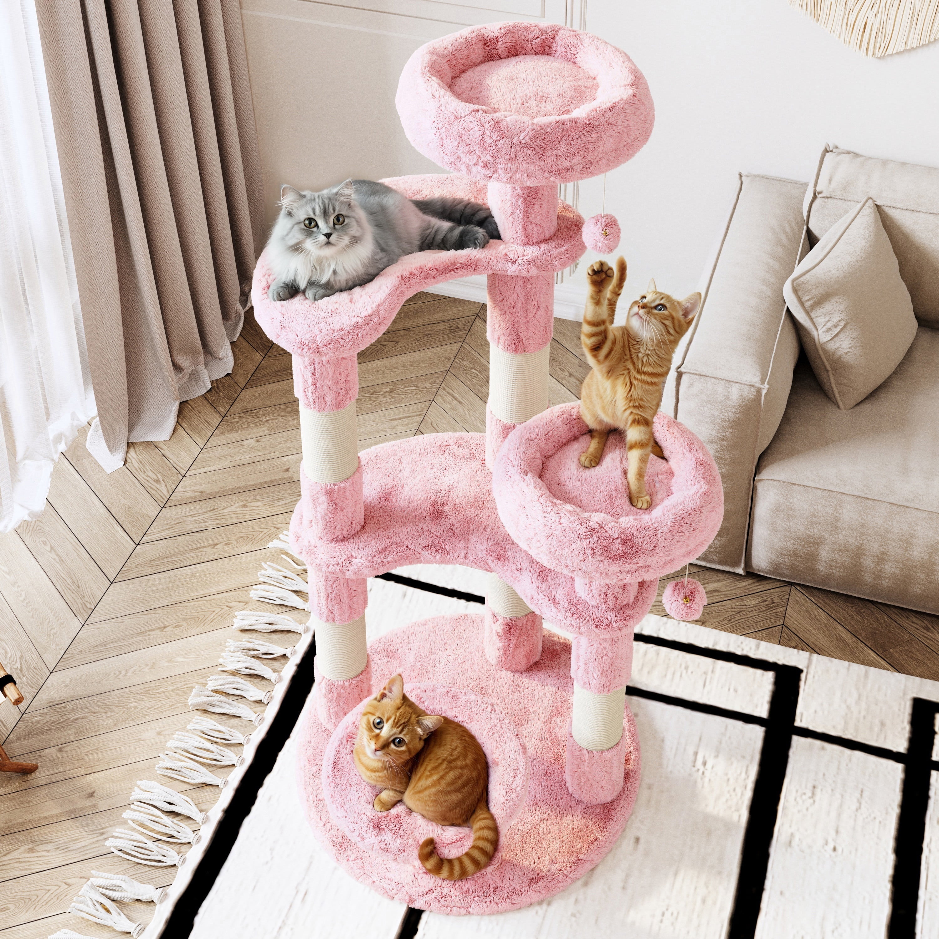 Amolife 55.5" Large Cat Tree and Tower with 5 Scratching Posts, Cat Perches for Indoor Cats and Kittens, Pink