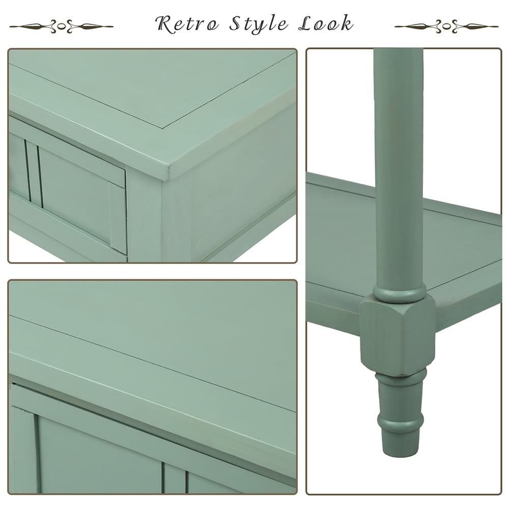 Kepooman Acacia Console Table with Two Drawers and Bottom Shelf, Traditional Design Sofa Side Table for Living Room Bedroom, Retro blue Kepooman Acacia Console Table with Two Drawers and Bottom Shelf, Traditional Design Sofa Side Table for Living Room Bedroom, Retro blue