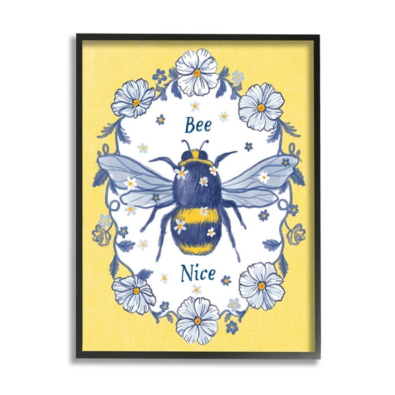 Bee Nice Floral Insect Wreath Animals & Insects Graphic Art Black Framed Art Print Wall Art