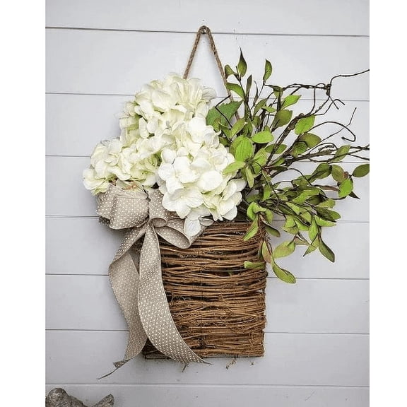 Cream Hydrangea Door Hanger Basket Wreath, Farmhouse Wreath with Wildflowers