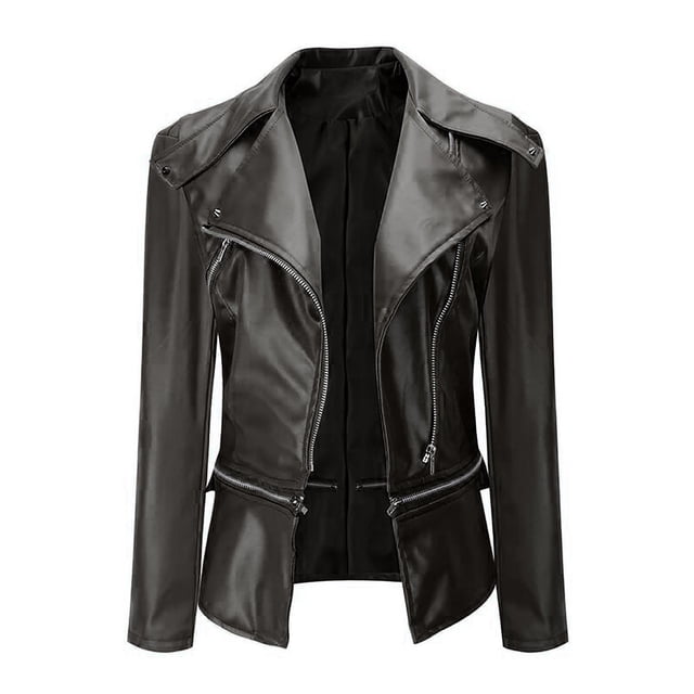 Puntoco Mujeres Cool Chaqueta de cuero de imitación Manga larga Cremallera Abrigo ajustado Otoño Chaqueta corta Flash Picks Puntoco Puntoco-7251
