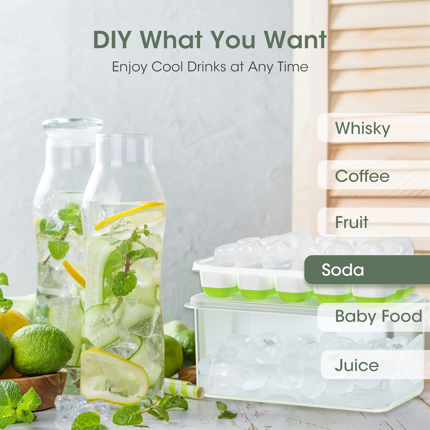 Senya Ice Cube Tray with Lid and Bin, 4 Pack Stackable Ice Tray with Storage Ice Bucket Kits, Ice Scoop