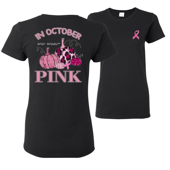Wild Bobby In October We Wear Pink Pumpkin Cheetah Print Breast Cancer Awareness Front and Back Womens Graphic T-Shirt, Black, Small