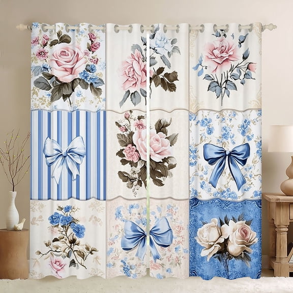 Manfei Blue Ribbon Bow Tie Black Out Curtains for Female Teens,Girls Kids Romantic Floral Roses Curtains Pack of 2 (42x63 Each),Luxury Bedroom Decor