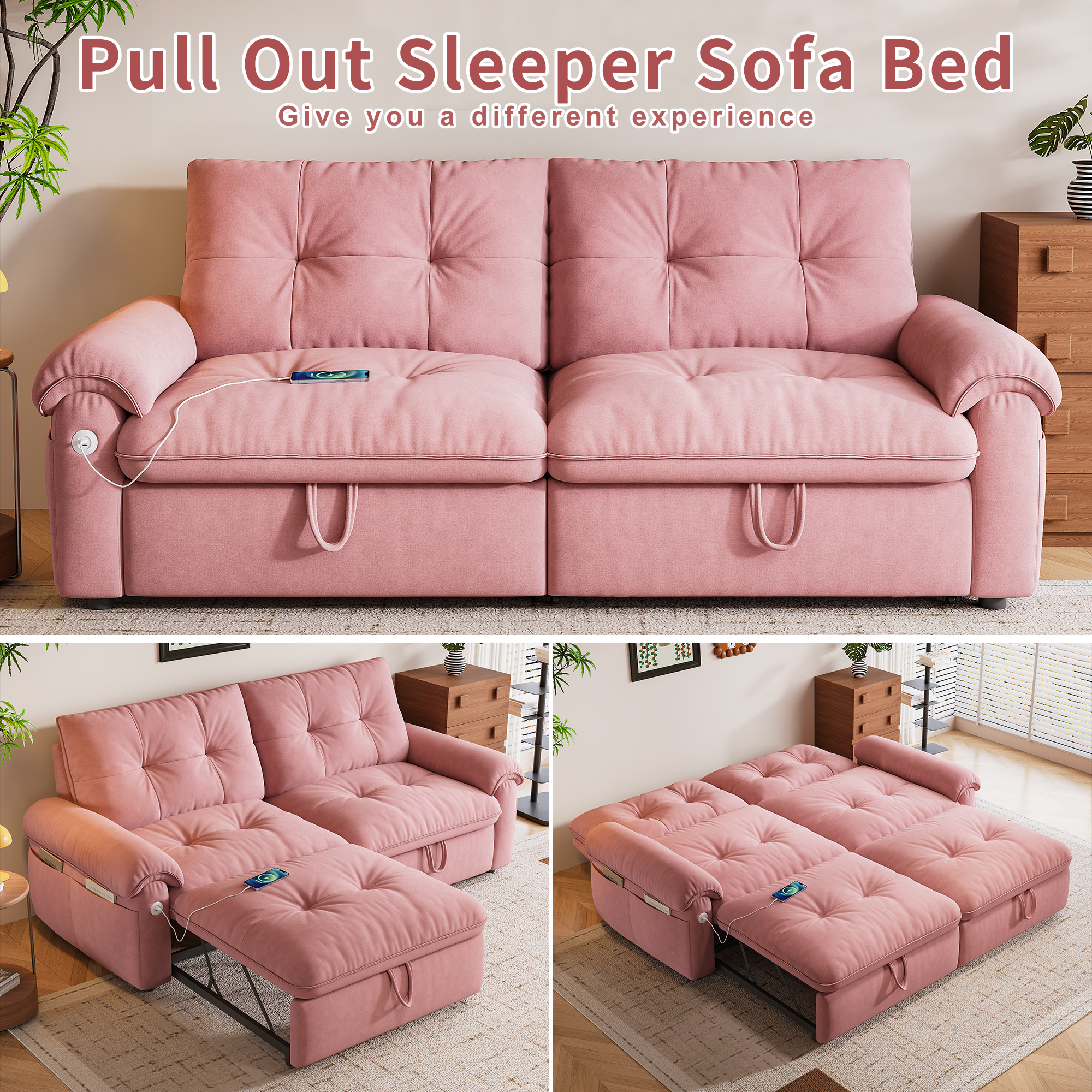 LLappuil 77" Pull Out Sofa Bed Queen Size, Loveseat Sofa Convertible Sleeper Sofa Bed, Flannelette Fabric Sofa Couch for Living Room Pink