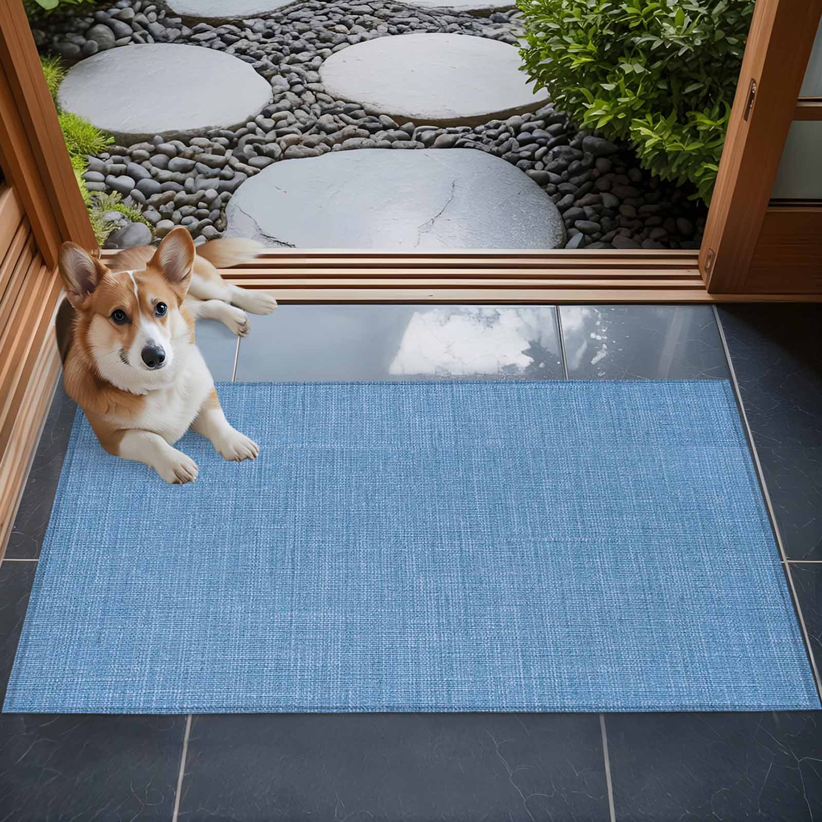 Blue 2x3 Door Mat Rug, Farmhouse Burlap Solid Blue Color Modern Linen Texture Non-Skid Rubber Backing Large Rectangle Rugs - Living Room Bedroom Home Office, Indoor Floor Mat Carpets Washable Rug