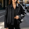 thumbnail image 4 of Edvintorg Jackets for Women Drop Shoulder Cropped Leather Jacket Gathered Hem Oversized Batwing Sleeve Zip up Short Coat with Pocket Women Clothing S-L Black, 4 of 5