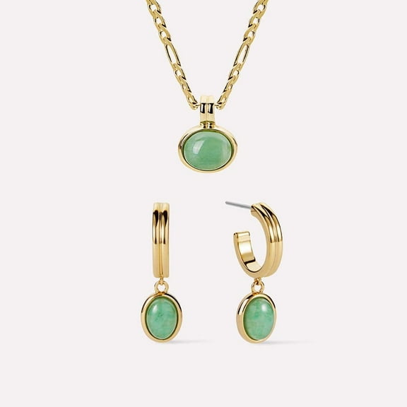 2Pcs Simple Natural Real Jade & Gold - Plated Jewelry Set: Earrings, Necklace