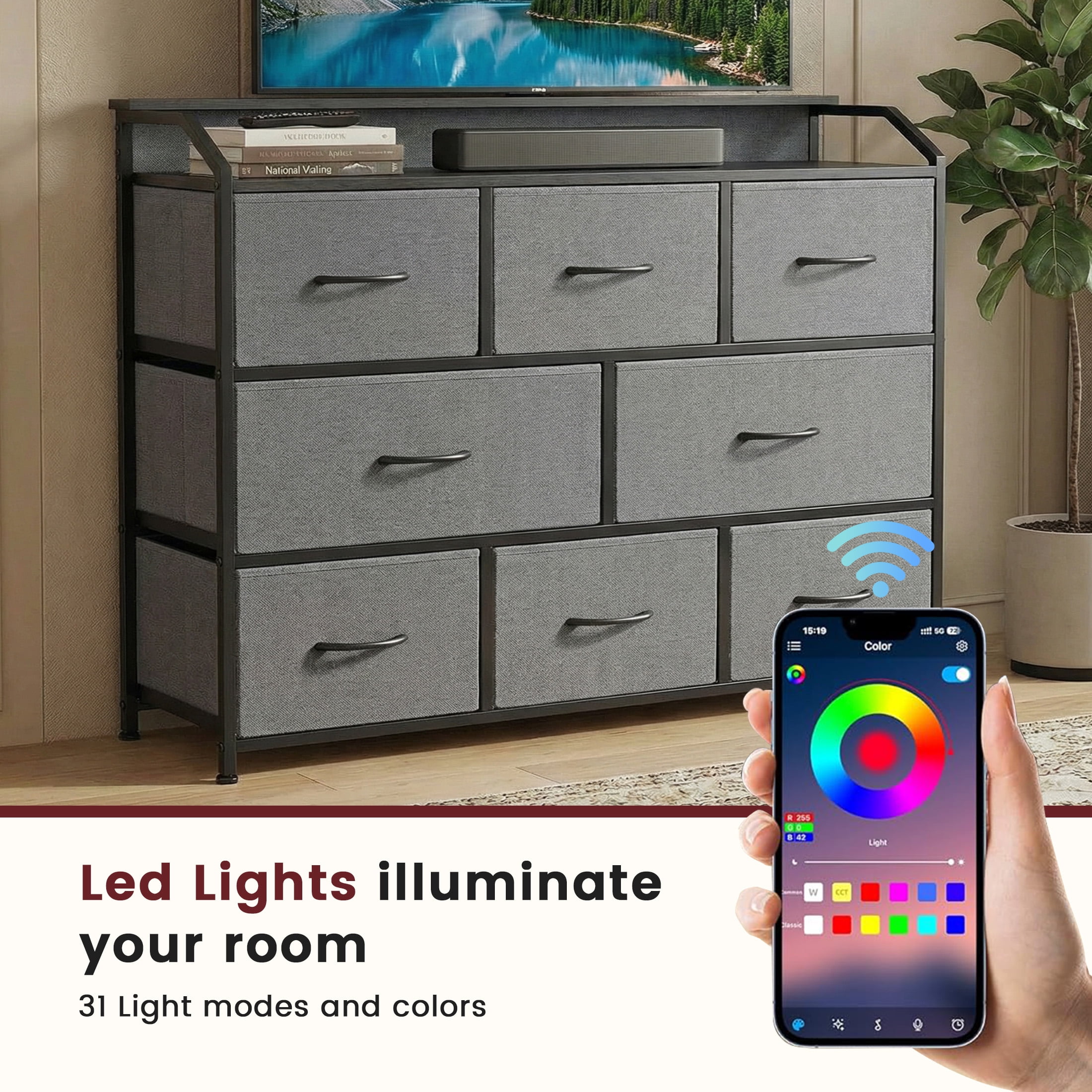 edx 8-Drawer Fabric Dresser with Power Outlets & LED Light, Multifunctional TV Stand Storage Cabinet for Bedroom, Living Room, Office & Hallway, Gray