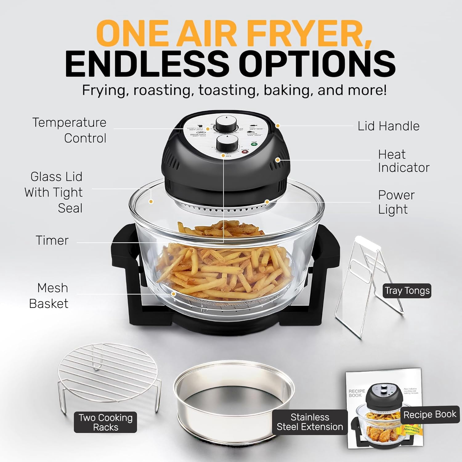 Granitestone Big Boss 16Qt Extra Large Glass Air Fryer Non Toxic – Family Sized 4 in 1 Cooker with 3 Cooking Sections, Stainless Steel Racks for French Fries, Chicken, Self Cleaning, Dishwasher Safe