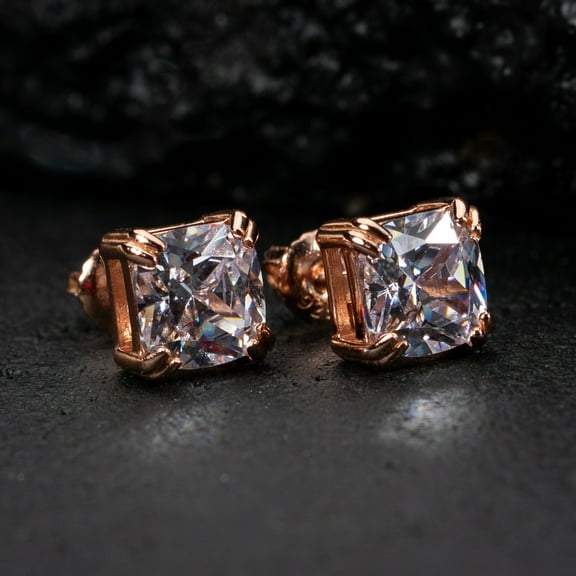 Small Rose Gold Plated 925 Sterling Silver Cushion Cut Stud Screw Back Earrings
