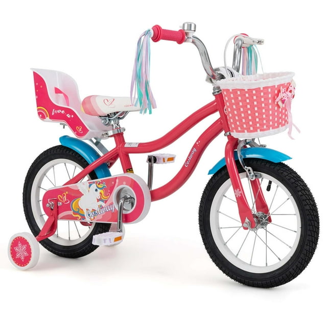 Costway Bicicleta infantil con asiento de canasta para muñecas y serpentinas de colores, 2 ruedas de entrenamiento, color rosa