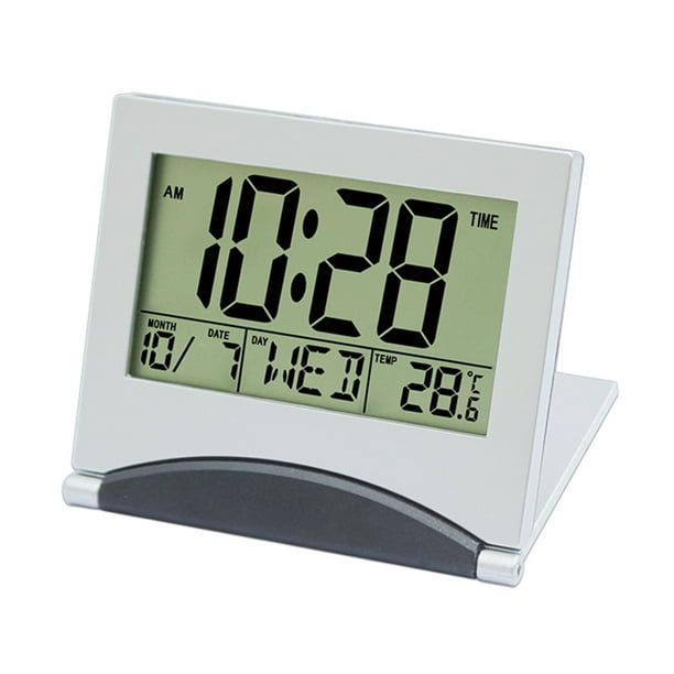 Reloj Despertador para Dormitorio,Niños Estudiante Pequeño Lcd Display Digital Reloj Despertador,Delgado Viaje Reloj Junto a la Cama Regalo Multifunción,Reloj Portátil de Plástico de Plata 7.2x6.3x1.4
