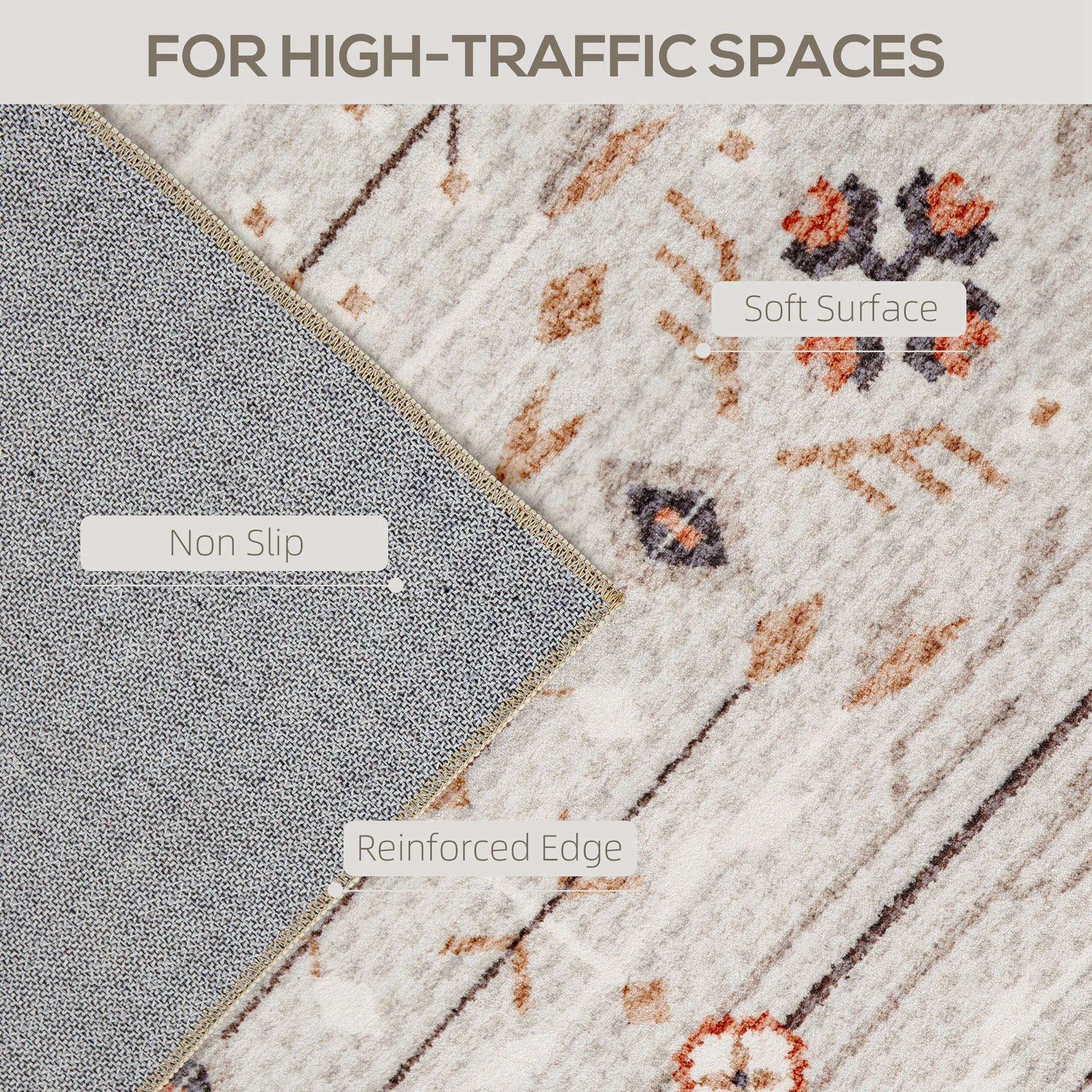 HOMCOM Machine Washable Area Rug 4x6, Non-Slip Boho Flannel Print Floor Cover Foldable Carpet for Living Room, Bedroom, Dining Room, Brown