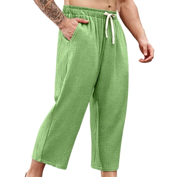 HOOMEUMY Mens Crinkled Gauze Pants Drawstring Elastic Waist Casual Summer Trousers Light Breathable For Beach Vacation Daily Wear