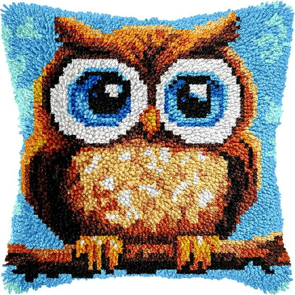 Owl Bird Latch Hook Pillow Kits for DIY Throw Pillow Cushion Embroidery Latch Hooking Pillowcase Kits with Preprinted Canvas Crochet Yarn Kits for Home Decor 17''X 17''(C78)
