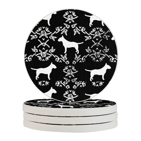 

Circular Drink Coasters Set Bull Terrier Floral Silhouette Dog Breed Black And White Beautiful Home Decor Diatomite Heat-Resistant Diatomite Protect Table Countertop