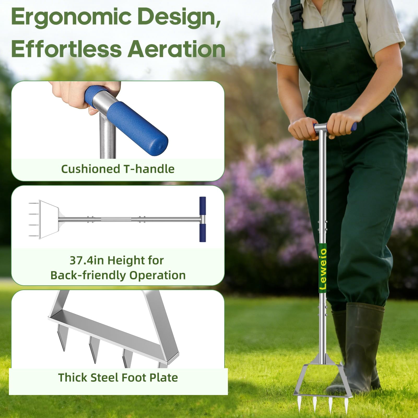 Manual Lawn Aerator Spike Tool  Semi-assembled Non-clogging With 4 Steel Spikes Handle & Reinforced Welding For Compacted Soil Loosening Yard Aeration - Green