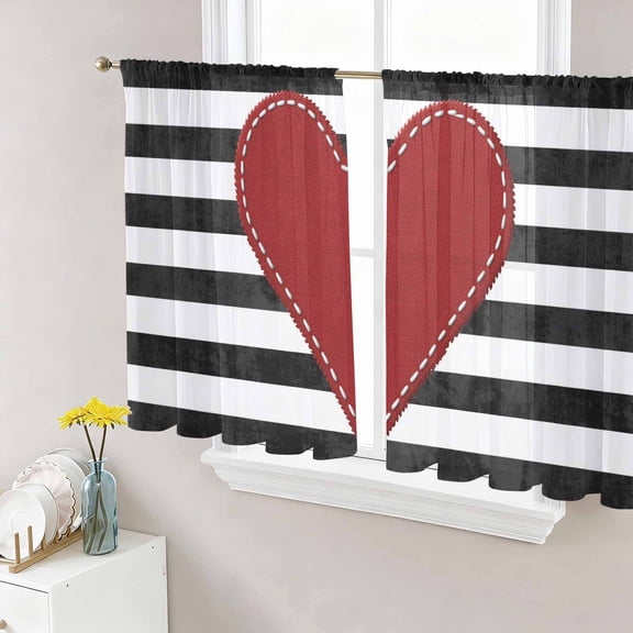 Valentine's Day Sheer Curtains 54 Inch Length 2 Panels Set, Red Love Heart Black Striped Farmhouse Voile Window Treatment Rod Pocket Short Kitchen Curtains Drapes for Bedroom 52"x54"x2