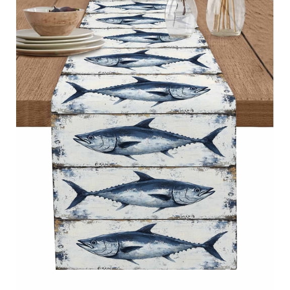 Coastal Fish Table Runner 72 Inches, Modern Oil Painting Ocean Nautical Bed Runner Dresser Scarves Tabletop for Indoor Outdoor Parties/Ceremony/Banquet, 13" x 72"