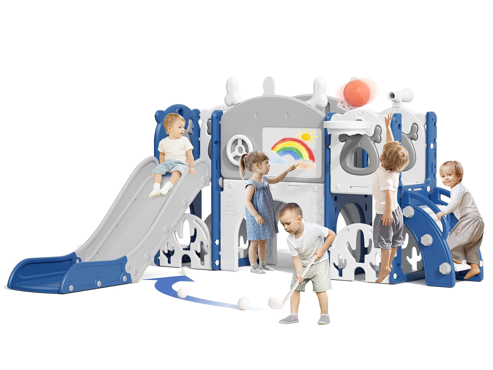 KORIMEFA 13 in 1 Toddler Slide Set, Kids Slide for baby Age 1-4, New Upgrade with Golf Set, Basketball Hoop, Drawing Board for Indoor Outdoor Playset,Toddler Playground,Blue