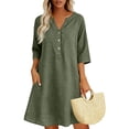 thumbnail image 1 of Neewe Women Summer Dress Cotton Linen Plain V Neck Half Sleeve Dress Button Down Tunic Dress Daily Outfits, 1 of 5