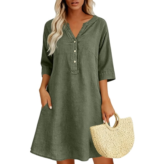 Women Casual V-Neck Linen Dress with Pockets, Solid 3/4 Sleeve