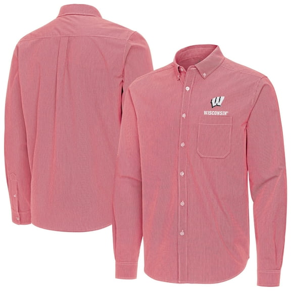 Men's Antigua Red Wisconsin Badgers Porter Woven Tri-Blend Long Sleeve Button-Down Shirt