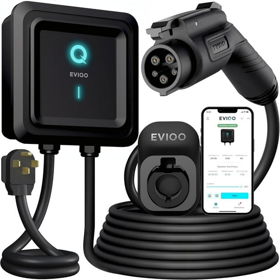 EVIQO Level 2 EV Charger – 40 Amp (9.6 kW) 240V – Wall EV Charger Level 2, NEMA 14-50 Plug, J1772 25' Cable, Enhanced Wi-Fi – UL, Energy Star and ETL Certified EVSE, Smart Car Charging Station – GEN2