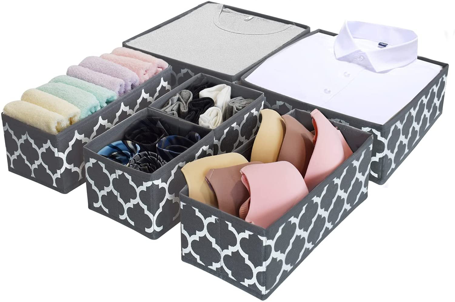 Underwear Organizer Drawer Divider Foldable Closet Dresser Storage Box Baskets Bins Containers for Bras Socks Lingerie Baby Clothing Grey Lantern Printing Set of 12