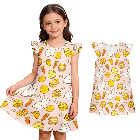 Easter Dress for Girls Sleeveless Bunny Easter Egg Print Dress Crew Neck Midi Dress Girls' Casual Dresses Girls Dress Size 8-9 Years