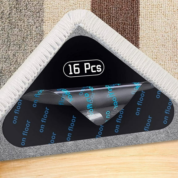 Rug Tape, 16pcs Anti Slip Gripper for Laminate, Wooden and Hard Floors, Reusable Carpet Grippers Multipurpose Non Underlay All Types Sizes of Rugs