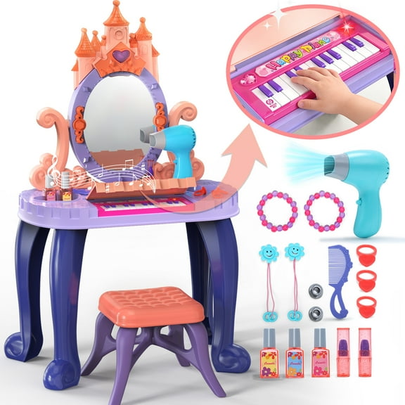 JoyStone Toddler Makeup Table and Chair Set with Mirror, Lights, Music and Accessories, Durable Plastic Princess Vanity Toy for Ages 3-6