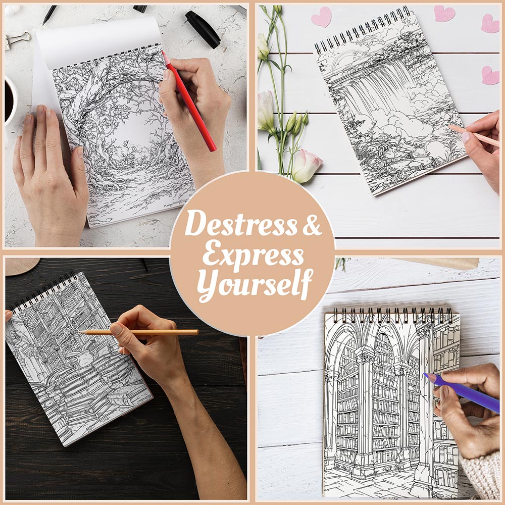 Netecom Secret Worlds Coloring Book Spiral Bound For Adults, A5 Wooden Cover, 30 Stunning Coloring Pages of Dreamlike Environments for Stress Relief and Relaxation