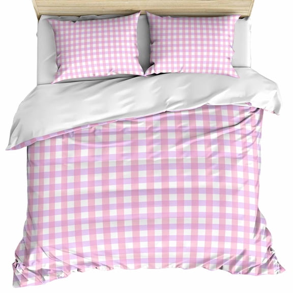 Pink Grid Bedding 3 Piece Duvet Cover Set California King, Checkered Plaid Gingham Lattice Trellis Print Soft Microfiber Comforter Cover with Zipper Closure & Pillowcases, FadeResistant Quilt Cover