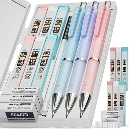 Nicpro 3PCS Pastel Mechanical Pencil Set with Case, 0.7 mm Pencils with 6 Tube HB Lead Refill, 3PCS Eraser, 9PCS Eraser Refill