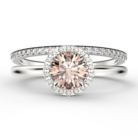 Fairy Minimalist 1.75 Carat Round Cut Morganite And Diamond Moissanite Engagement Ring, Classic Halo Wedding Ring in 10k Solid White Gold, Gift For Her, Anniversary Gift, One Matching Band, Bridal Set