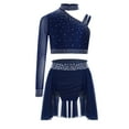 thumbnail image 3 of Xnihocha Girls Gymnastics 2-Piece Unique Shoulder Sparkly Crop Top Ruched Irregular Skirt Dance Sets for Latin Ballet Dance Navy Blue 10, 3 of 5