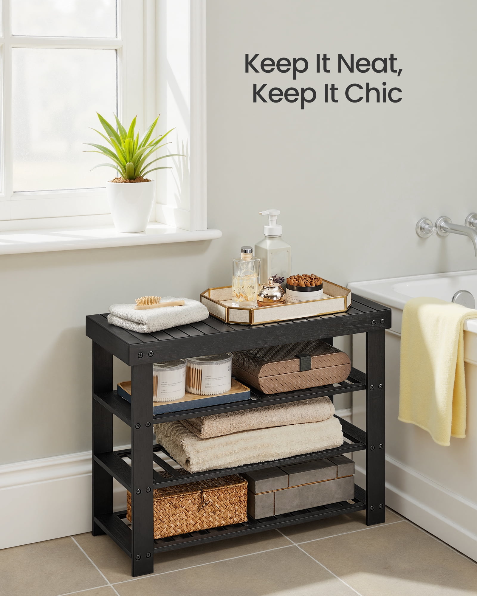 SONGMICS Shoe Rack Bench, 3 Tier Bamboo Shoe Storage Organizer, Entryway Bench, for Living Room, Bathroom, Bedroom, 11.3 x 27.6 x 20.5 Inches, Ink Black