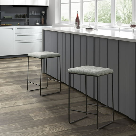 Counter Stool With Textured Heathered Seat, Black Matte Metal Construction, No Assembly Needed Modern Luxurious Grey Faux Linen Seat And Stand,