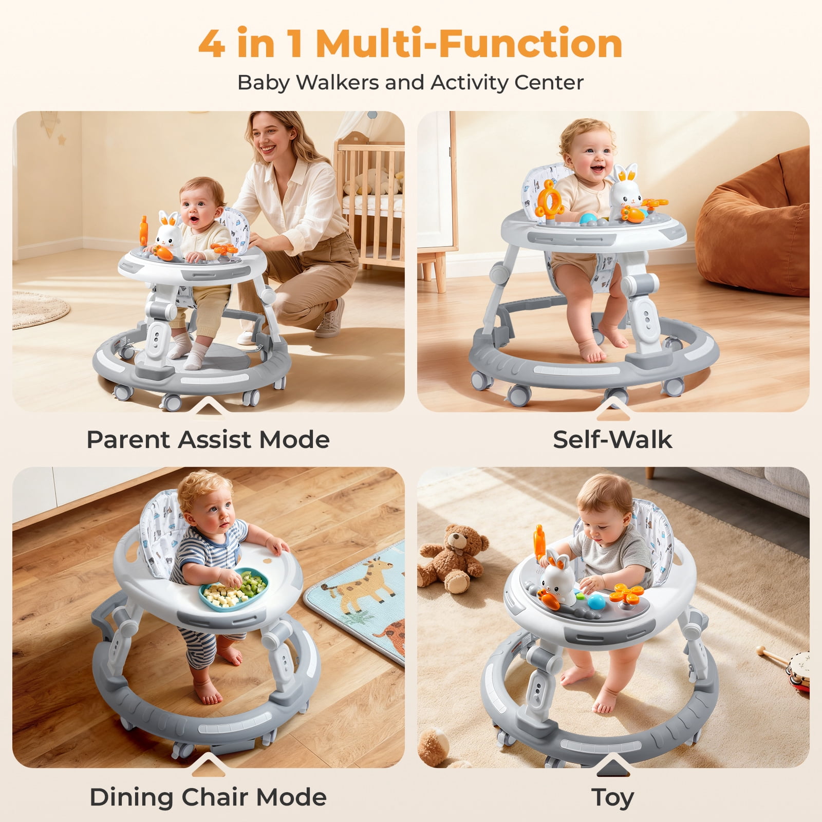 4-in-1 Adjustable Baby Walker & Activity Center, Foldable with 8 Silent Wheels, Removable Toy Tray - Convertible Learning Walker, Dining Chair, Self-Walker for Toddlers 6+ Months