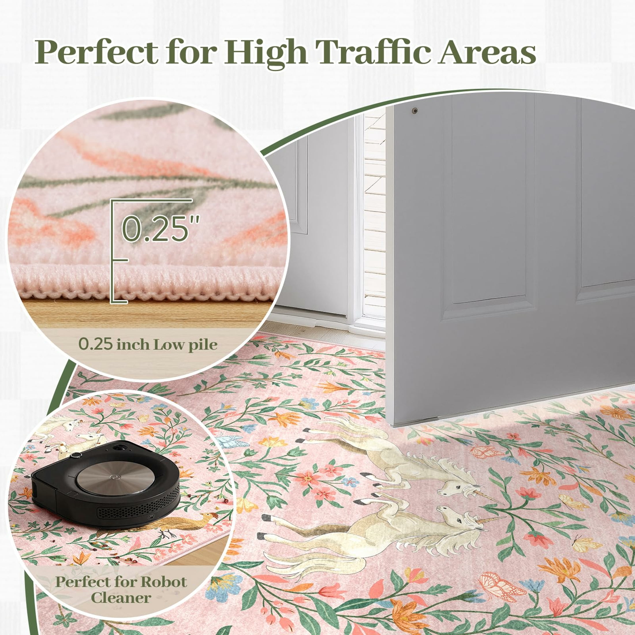 Moynesa 5'x7' Washable Fantasy Garden Area Rugs for Living Room, Vintage Botanical Unicorn Girls Rugs for Bedroom, Animal Accent Carpet for Nursery Playroom, Pink