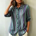 thumbnail image 3 of Morttic Women's Striped Lapel Collar Button Down Shirt – Collared Puff 3/4 Sleeve Blouse, Casual Loose Summer Top Green，XL, 3 of 6