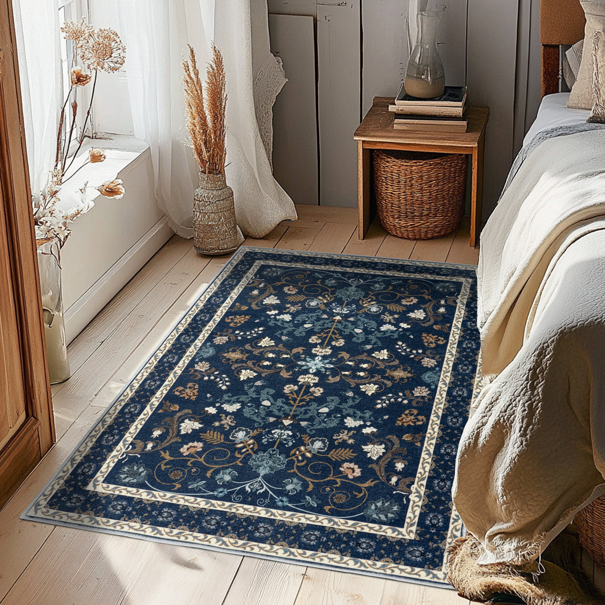 ZENELESS 2x3 Indoor Entryway Rug, Washable Non-Slip Carpet,Contemporary Traditional Printed Kitchen Mat,Dark Blue