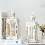 JHY DESIGN Set of 2 Medium Metal Candle Lantern, Decorative Outdoor Candle Lantern with Tempered Glass (White)
