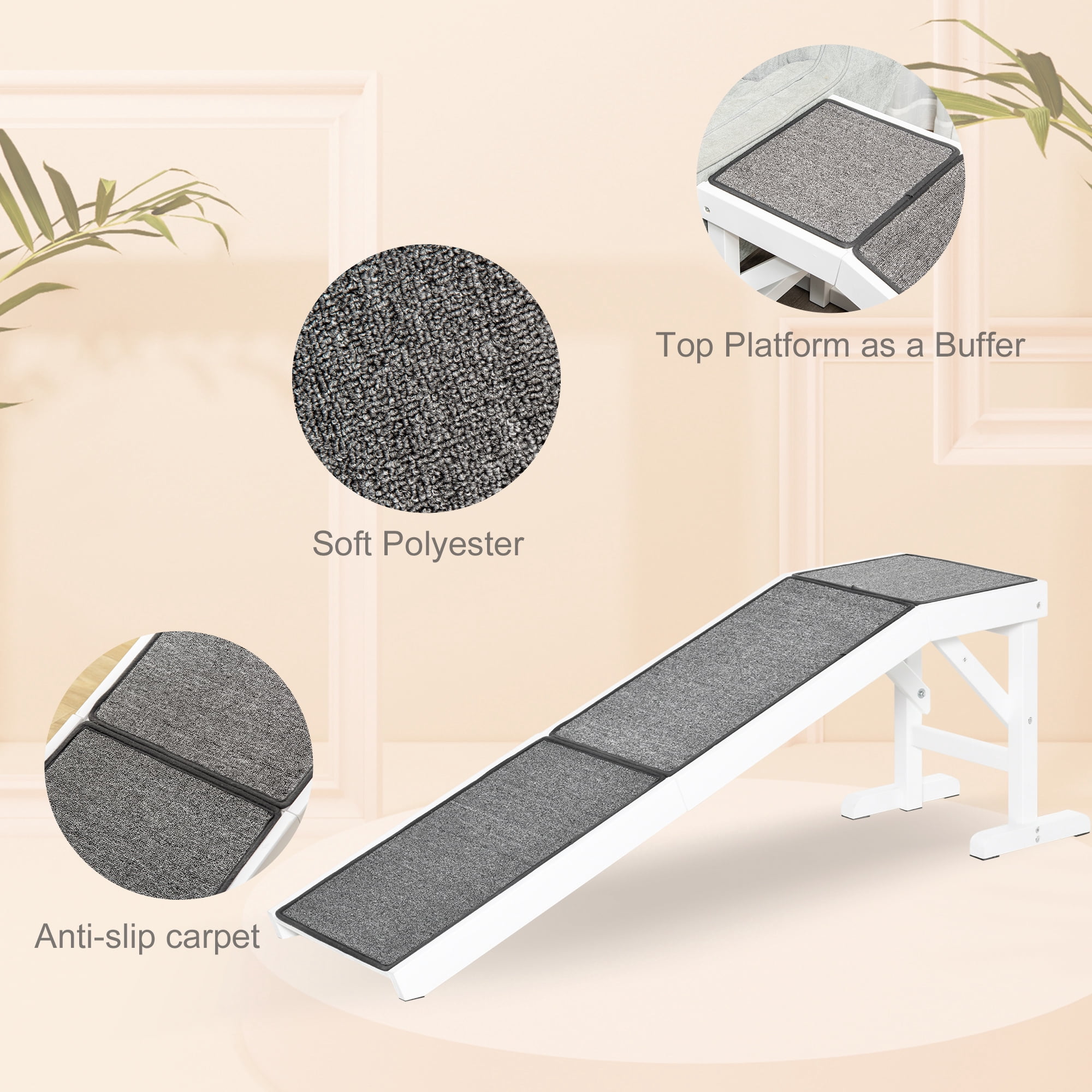 Dog Ramp for Bed, Pet Ramp for Dogs with Non-Slip Carpet and Top Platform, 60" x 16" x 20", White