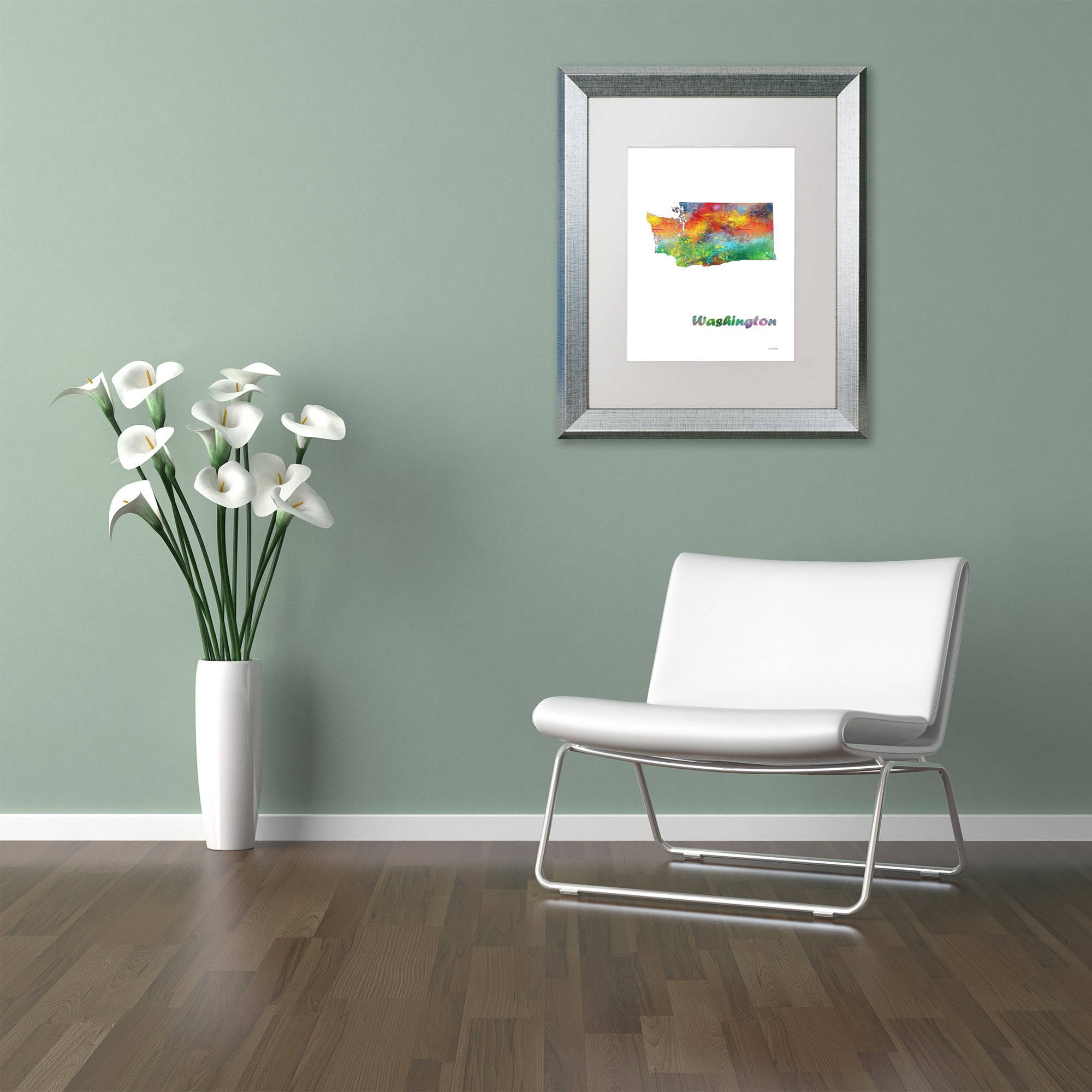 Trademark Fine Art "Washington State Map-1" Canvas Art by Marlene Watson, White Matte, Silver Frame