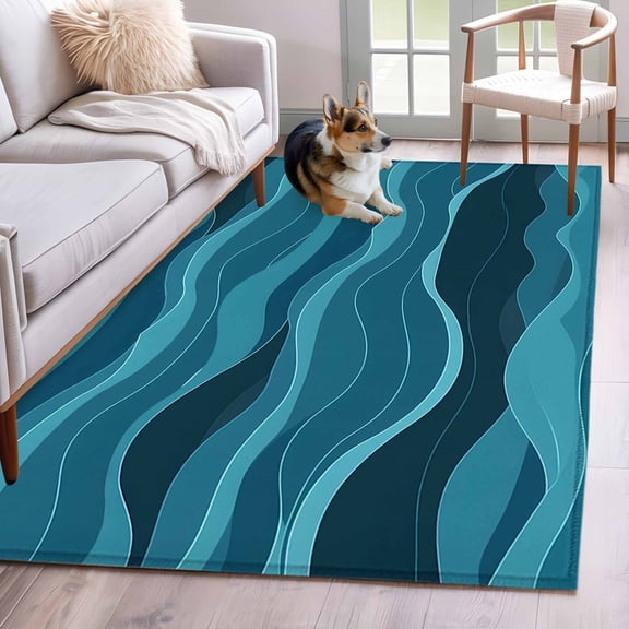 Turquoise Teal Ombre Area Rug 3x5 Washable Rug Non Slip Watercolor Waves Abstract Large Area Rug Indoor Floor Carpet for Entryway Bedroom Kitchen Living Room Home Office Dining Room Nursery