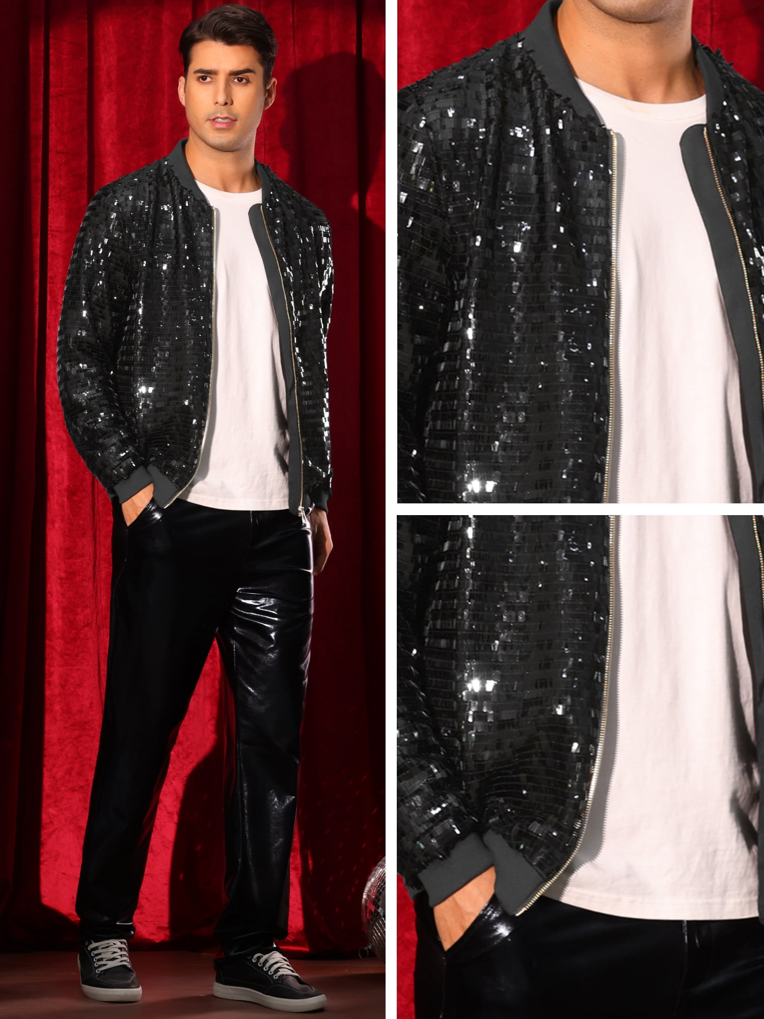 DARING DIVA Men's Sequin Varsity Zipper Disco Sparkly Shiny Bomber Jacket S Black